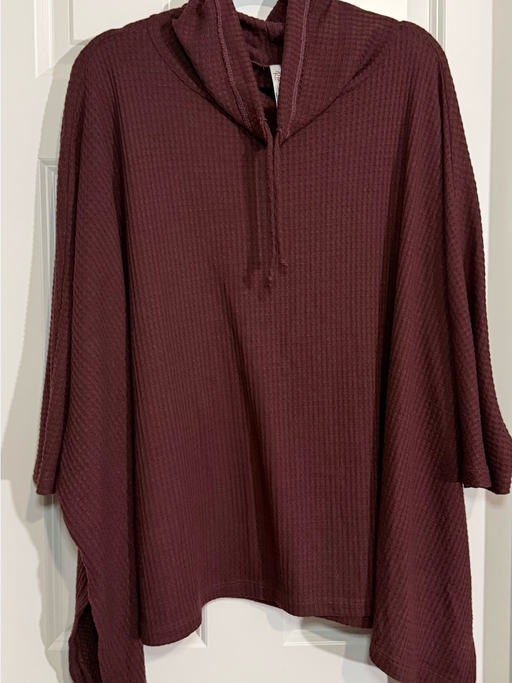 Red Lolly Women's Hooded Waffle Knit Poncho in Deep Maroon